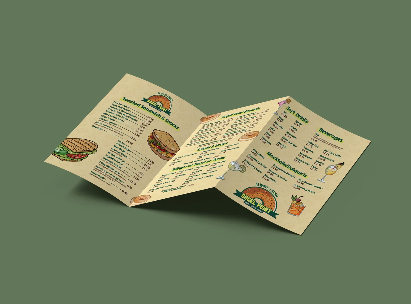 Bagel Point tri-fold menu, folded mockup
