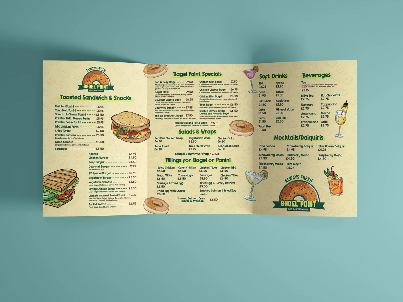 Bagel Point tri-fold menu, flat lay