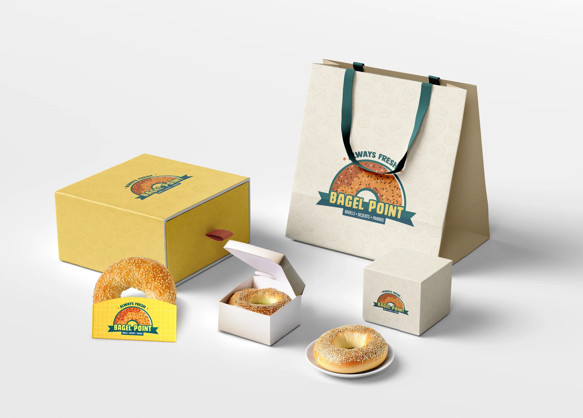 Bagel Point packaging suite — bag, boxes and cup