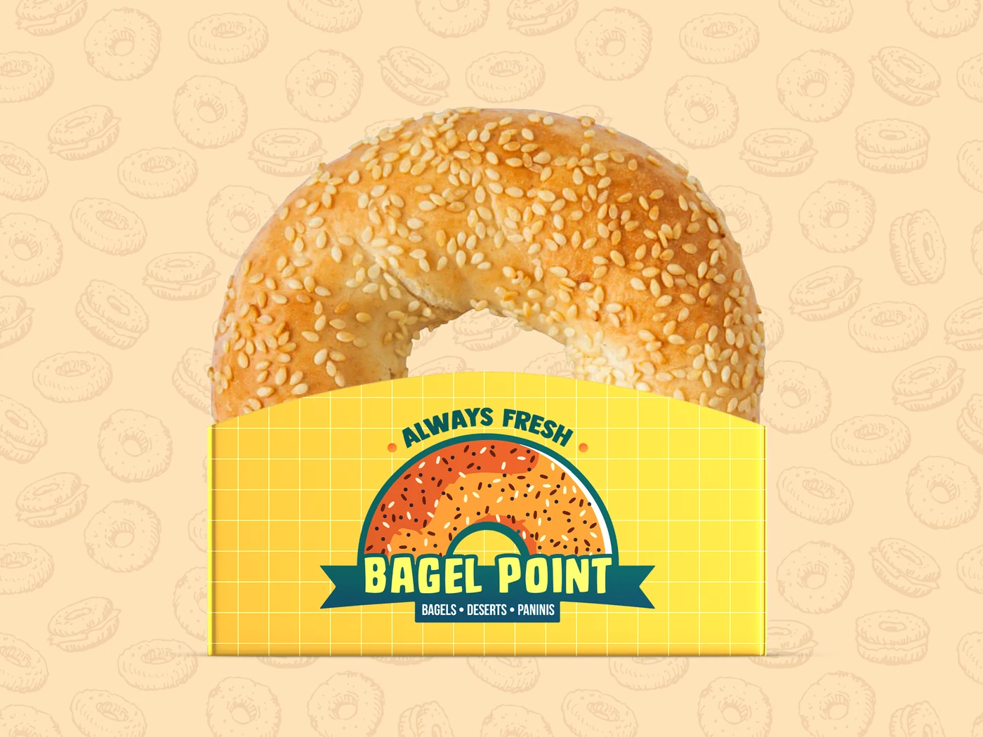 Branded sleeve holding a sesame bagel