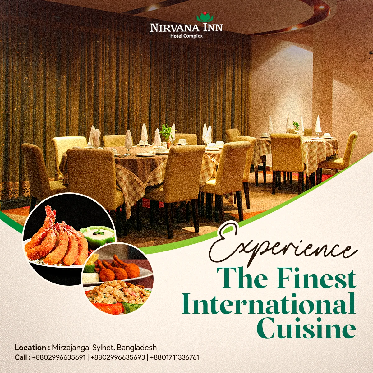 'Experience the Finest International Cuisine' dining post