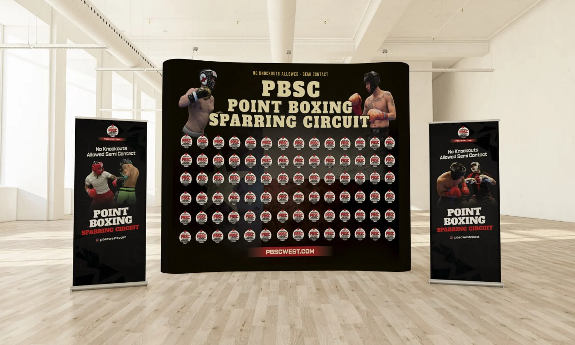 Muay Thai event backdrop mockup, curved stage wall with two pull-up banners