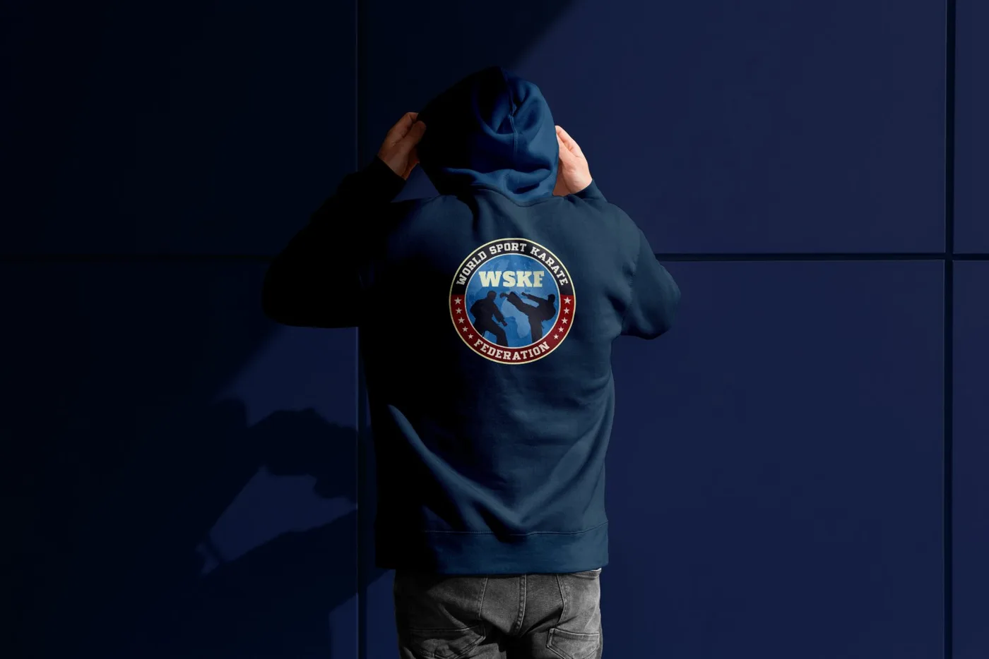 Navy WSKF hoodie, emblem printed on the back